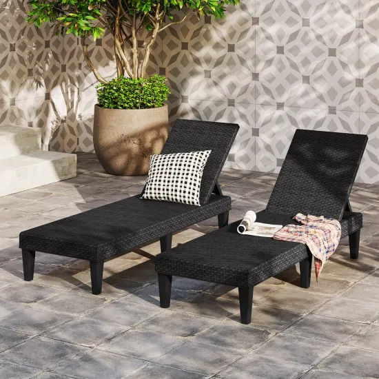 Rattan Chaise Lounge Chair 3-Position Outdoor Recliner Black {5}