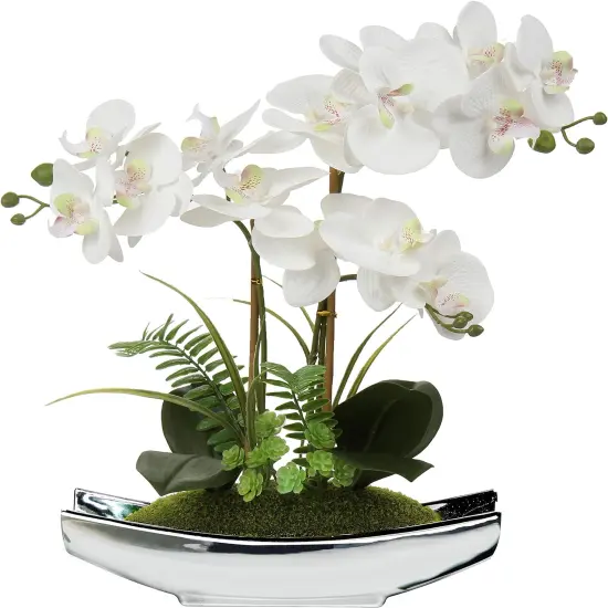 Artificial Flowers 15" White Phalaenopsis Orchid with Silver Pots Real Touch Faux Orchid Plant {1}