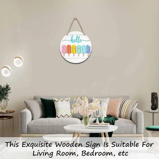 Summer Welcome Sign for Front Door, Hello Summer Wooden Signs Wall Decor, Popsicle Round Hanging Sign With Rope, Summer Decor For Home Front Door Porch, A10 {3}