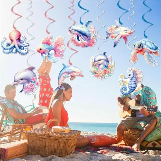 18 Pieces Ocean Animals Hanging Swirl Summer Decorations, Under The Sea Party Decor Marine Life Party Swirls Streamers {3}