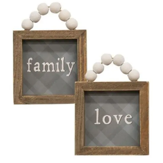 2 Asstd. Love and Family Plaid Wooden Signs with Beaded Hangers Ready to Hang {1}