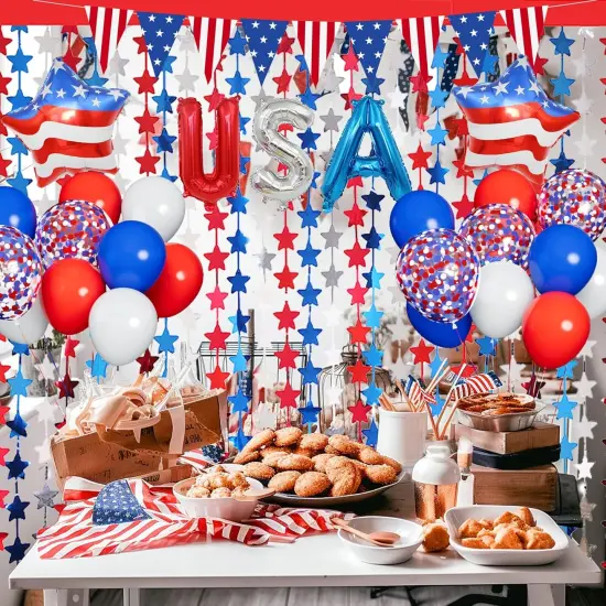 4th of July Decorations, Red White Blue 3 Pack America Star Tinsel Foil Fringe Curtains, Photo Booth Prop Streamer Backdrop for Independence Day, Memorial Day, Labor Day, Patriotic Party {4}