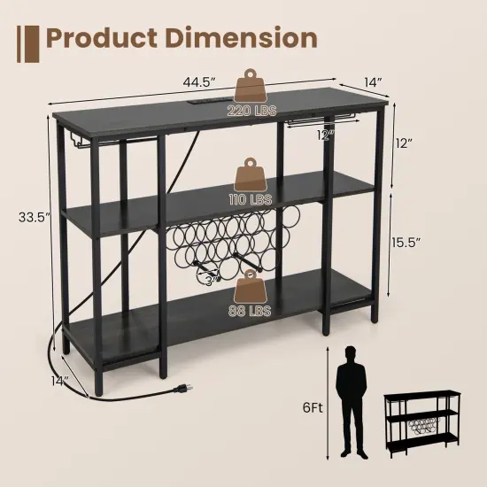 Industrial Wine Rack with Charging Station, 15-Bottle Capacity, 2 Glass Holders & 3 Shelve Grey {5}