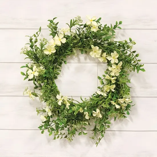 Spring Summer Door Wreath with Cream Flowers and Green Leaves 22 Inch {2}