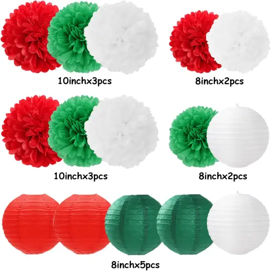 Red-Green White Party-Decorations Christmas Flowers Lanterns - 15PCS Italian Mexican Independence Day Paper Tissue Pom Poms Streamers,Mexico Italy Birthday Baby Shower Wedding Hanging Decor {4}