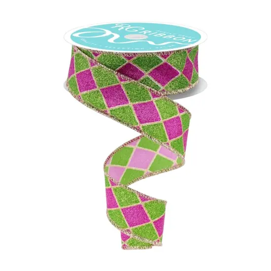1.5" Glitter Harlequin Ribbon: Pink/Lime (10 Yards) {1}
