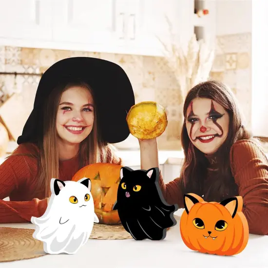 Halloween Cat Ghost Wooden Signs Pumpkin Decor - 3PCS {5}