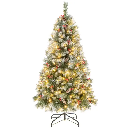 Costway 5FT/6.5FT/7.5FT Artificial Christmas Tree Hinged with 200/420/560/650 Warm LED Lights & 126/207/267/309 Red Berries {1}