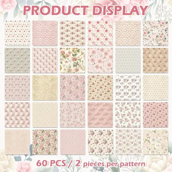 60Pcs Floral Cotton Fabric Bundles Pink Retro Floral Fabric Squares {2}
