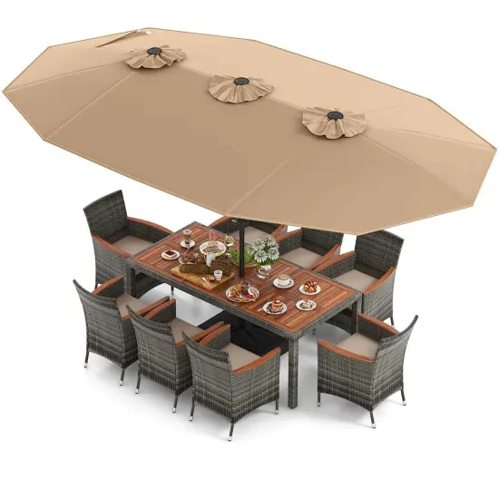 Costway 10 Pieces Patio Wicker Dining Set with Double-Sided Patio Umbrella 8 Armchairs Grey/Red/Orange/Turquoise/Beige/Coffee {8}