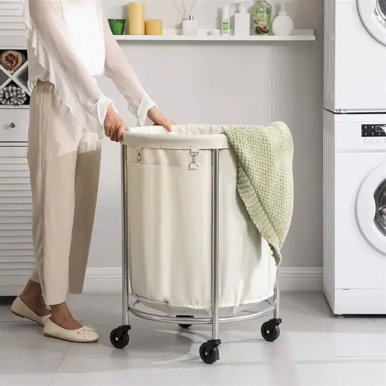 45-Gallon Laundry Hamper with Rolling Wheels and Powder-Coated Frame Included Fabric Bag Off White {2}