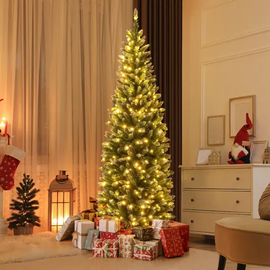 Costway 6FT/9FT Pre-Lit Christmas Tree Hinged Slim Pencil Xmas with 250/500 LED Lights {1}