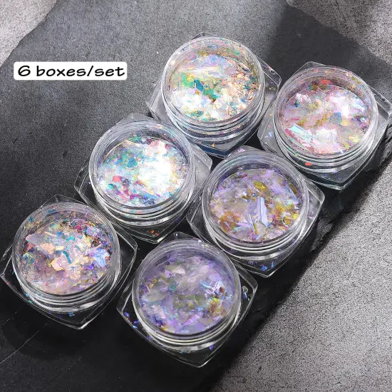 Iridescent Chrome Nail Powder, 6 Boxes Crystal Fire Opal Flakes Chunky Glitter {2}