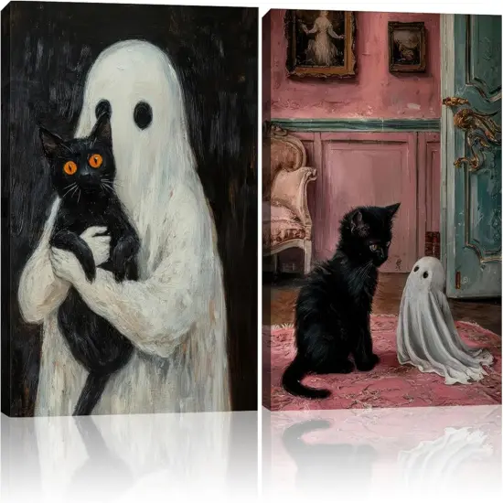 Set of 2 Framed Ghost and Black Cat Wall Art - 12x16 Inch {1}