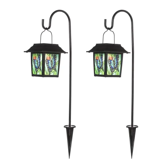 Set of 2 30"H Solar Powered Butterfly Scene Pattern Garden Lamp or Pathway Light with Ground Stake 2pcs Black {5}