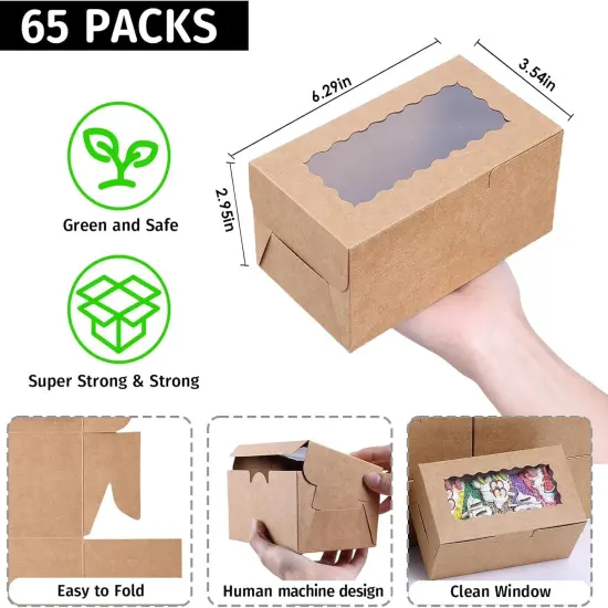 65 PCS Brown Bakery Boxes with Window - 6.29x3.54x2.95 Inches Cookie, Pastry, Treat, Cupcake, Cake, Dessert Boxes, Small Gift Boxes for Party, Business(Kraft) {3}