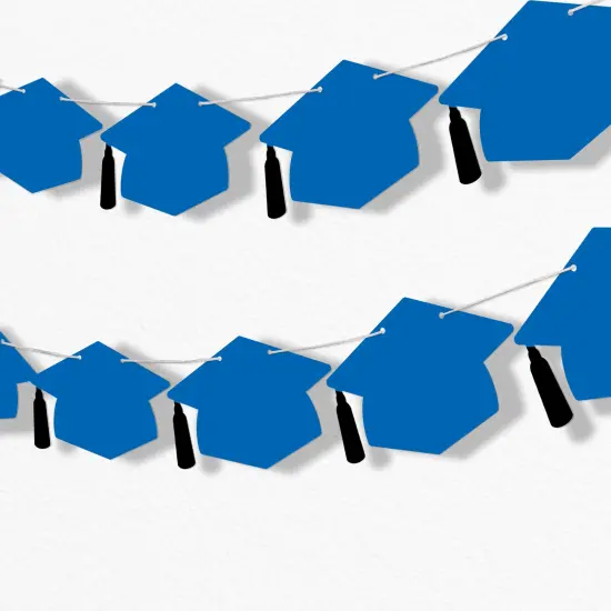 Big Dot of Happiness Blue Graduation Cap Garland Banner, High School or Elementary Graduate Photo Backdrop, 10 Feet of Cord, 15 Hats with Tassels {1}