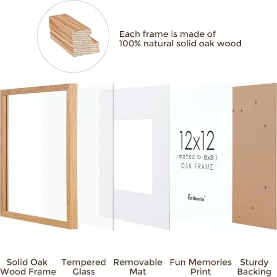 12x12 Picture Frame, Solid Oak Wood 12"x12" Photo Frame for Wall, 12 x 12 Frame Matted to 8 x 8, Square 12x12 Frame, Tempered Real Glass, 12 x 12 Collage Gallery Frames - Natural Oak Color, 1 Pack {4}