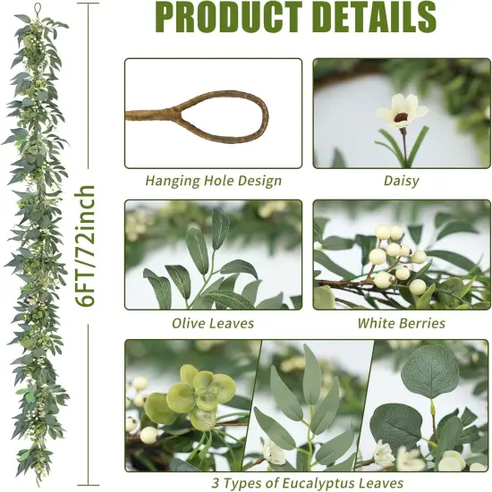 Eucalyptus Garland with Lights - 6 Ft Greenery Garland - Artificial Silver Dollar Olive - Spring/Summer Green for Indoor/Outdoor Home Decor Weddings Arches Backdrops Table Decor {2}