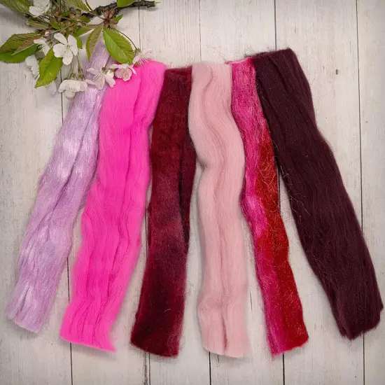 Multi Fiber Sampler - Super soft merino roving, hand dyed BFL wool & sparkling Firestar for felting, spinning, doll making Pink {1}