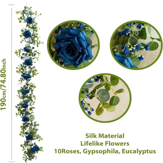 5.91FT Artificial Eucalyptus Greenery with Flowers, Fake Rose Gypsophila for Wedding Spring Home Party Decor (Blue, 1) {2}