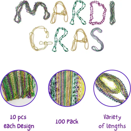 4E's Novelty Bead Assortment Mardi Gras Bulk (100 Pcs) - Metallic Purple, Gold, Green Necklaces, Unique Designs, Party Favors {3}