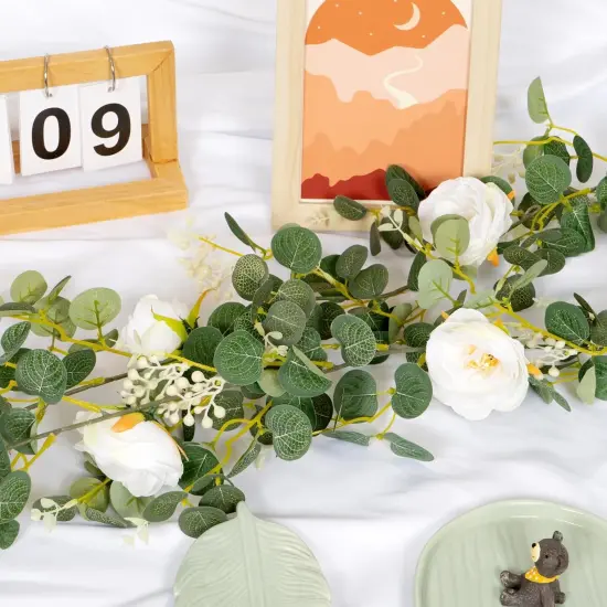 Eucalyptus Garland with Camellias Flowers, 6 FT Artificial White Flower Garland Floral Vines 1 Piece Eucalyptus Leaves Vines for Wedding Party Decor {3}