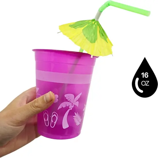 4E's Novelty 48 Pack Tropical Party Cups with Parasol Straws for Hawaiian Party Decor, Luau, Pool & Birthday Celebrations {5}