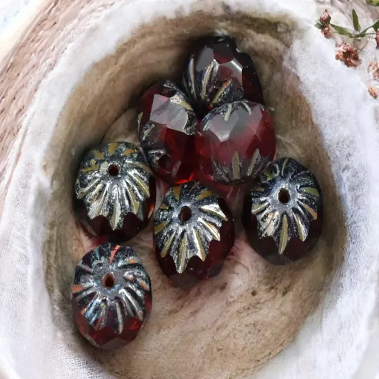 *15* 6x9mm Ruby Red Picasso Fire Polish Cruller Rondelle Beads {6}