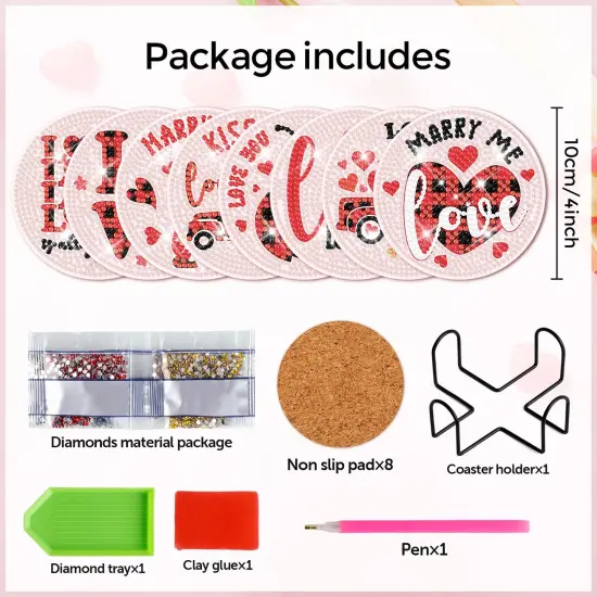 8 Pieces Valentine&rsquo;s Day Diamond Art Coasters Love Diamond Painting Coasters Kits with Holder DIY Coasters for Beginners, Adults, Kids, Diamond Art Crafts Supplies (Valentines) {6}