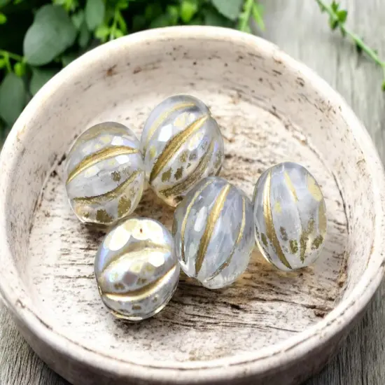 *12* 10mm Gold Washed Crystal Opaline AB Faceted Round Melon Beads {4}