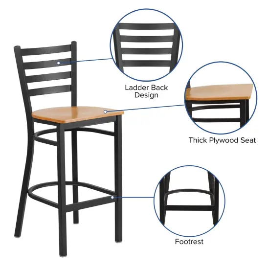 Emma and Oliver 2 Pack Ladder Back Metal Restaurant Barstool NaturalWood/Black {4}