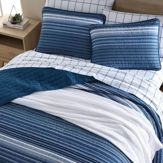 Coastal Blue Stripe Reversible Cotton Quilt Set {8}