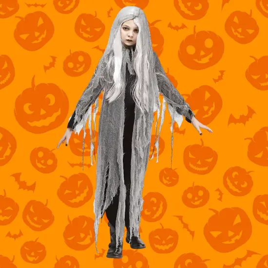 Zombie Ghost Costume for Kids with Wig and Hooded Coat {1}