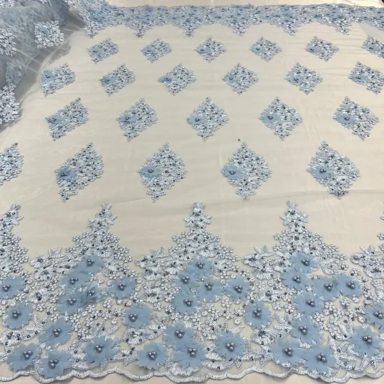 1 Yard Beaded 3D Floral Lace Fabric Embroidered on 100% Polyester Net Mesh 52" Width Lt. Blue {1}
