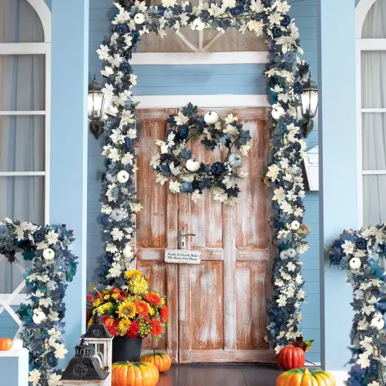 6ft Fall Blue Garland with Pumpkin and Autumn Leaves {4}