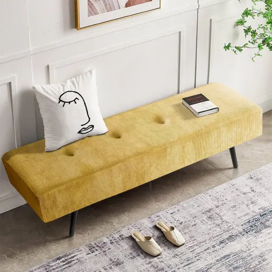 Modern Corduroy Upholstered End of Bed Searing Bench with Black Metal Legs for Living Room Yellow {5}