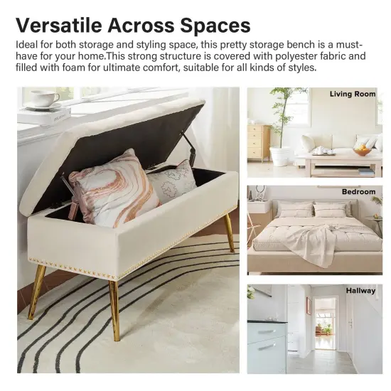 Upholstered Velvet Storage Bench with Tufted Seat and Gold Metal Legs Ivory {3}