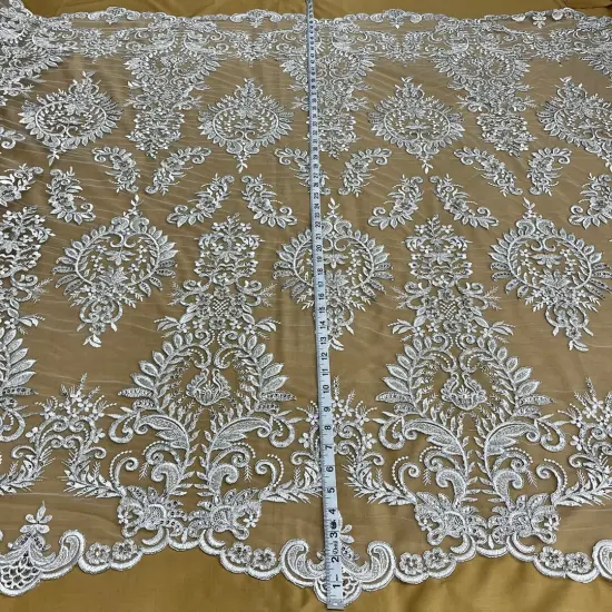 1 Yard Gold Beaded & Corded Bridal Lace Fabric, Embroidered on 100% Polyester Mesh, 52&rdquo; Width Silver {1}