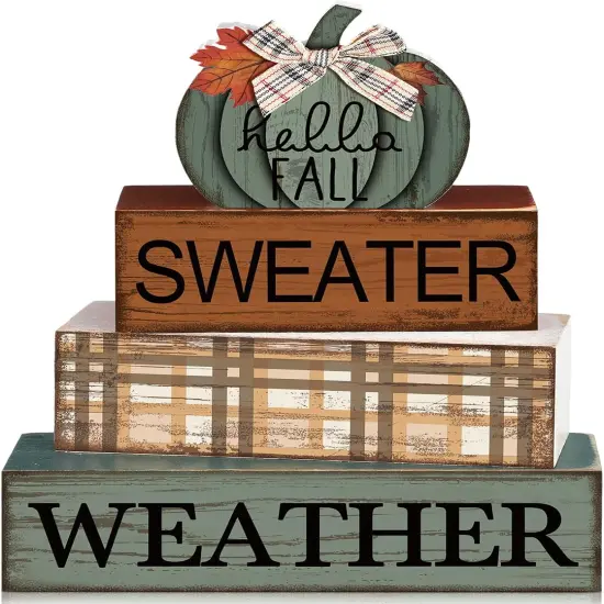 4PCS Wooden Pumpkin Fall Tabletop Decor &ndash; Rustic Tiered Tray & Table Centerpiece, Farmhouse Decorative Block Signs for Autumn & Thanksgiving {1}