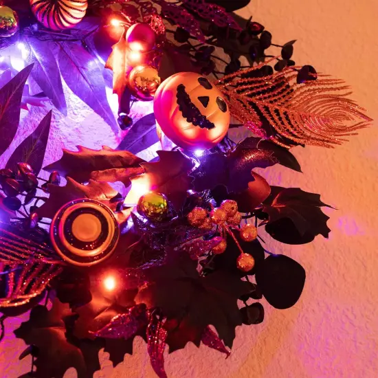 Pre-Lit Jack-o'-Lantern Pumpkin Wreath Halloween Decorations {6}