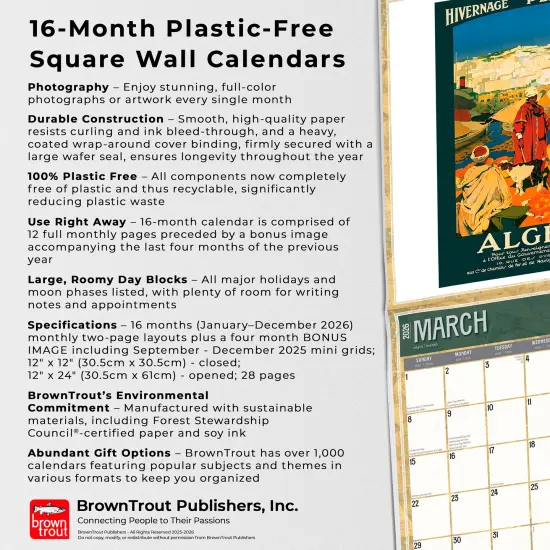 Vintage Travel Posters | 2026 12 x 24 Inch (Hanging) Monthly Square Wall Calendar | Plastic-Free {6}