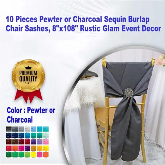 10 Pieces Pewter or Charcoal Sequin Burlap Chair Sashes, 8"x108" Rustic Glam Event Decor {1}