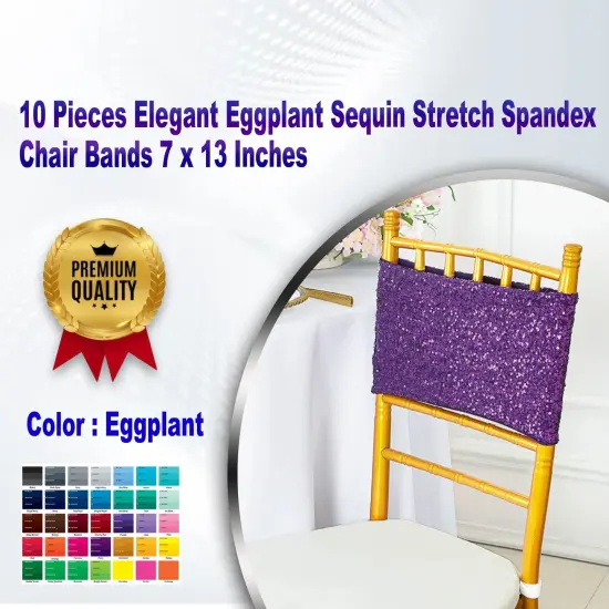 10 Pieces Elegant Eggplant Sequin Stretch Spandex Chair Bands 7 x 13 Inches {1}
