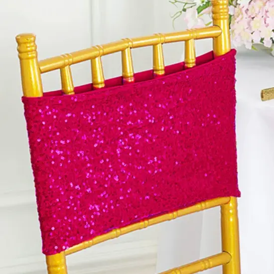 10 Pieces Vibrant Fuchsia Sequin Stretch Spandex Chair Bands 7 x 13 Inches {4}