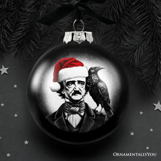 Edgar Allan Poe Spooky Christmas Portrait Glass Ornament, Black Horror Halloween Tree Decoration {1}