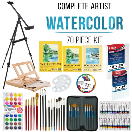 U.S. Art Supply 70-Piece Artist Watercolor Painting Set with Aluminum Field Easel, Wood Table Easel, 60 Watercolor Paint Colors, 34 Brushes 2 Canvases {2}