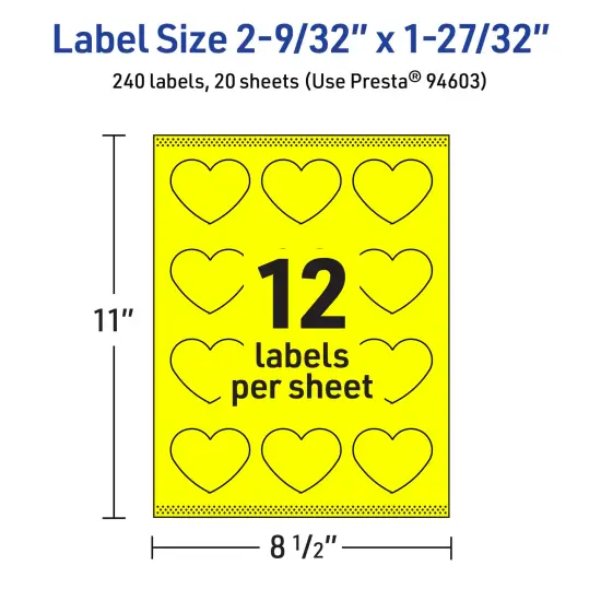 Avery Neon Yellow Paper Labels, 2-9/32" x 1-27/32" Heart {5}