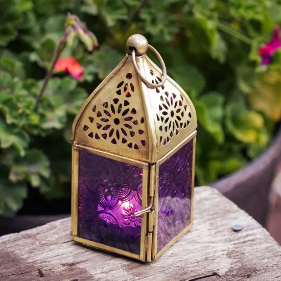 In the Breeze 9203 &mdash; Purple Mini Square Tealight Lantern &mdash; Moroccan-Style Boho Chic Tealight Glass and Metal Tabletop Lantern {2}