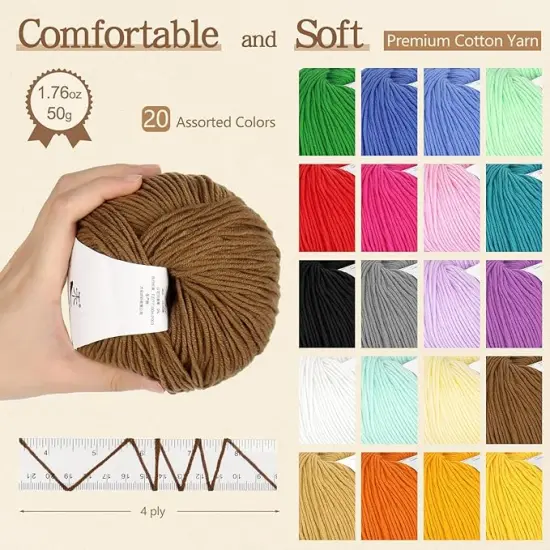 20 Skeins Cotton Yarn for Crocheting Knitting- Sport Weight Yarn 55% Cotton 45% Acrylic Yarn-Crochet Cotton Yarn w/Basic Instructions-Milk Cotton Yarn-Soft Knitting Yarn {2}